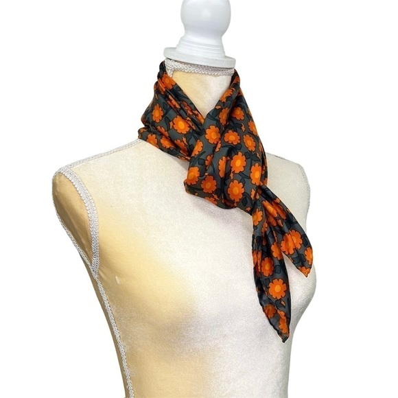 Silk Scarf Hand Rolled 34.5” Square Orange Gray Poppy Sunflower Daisy EUC - Picture 5 of 8